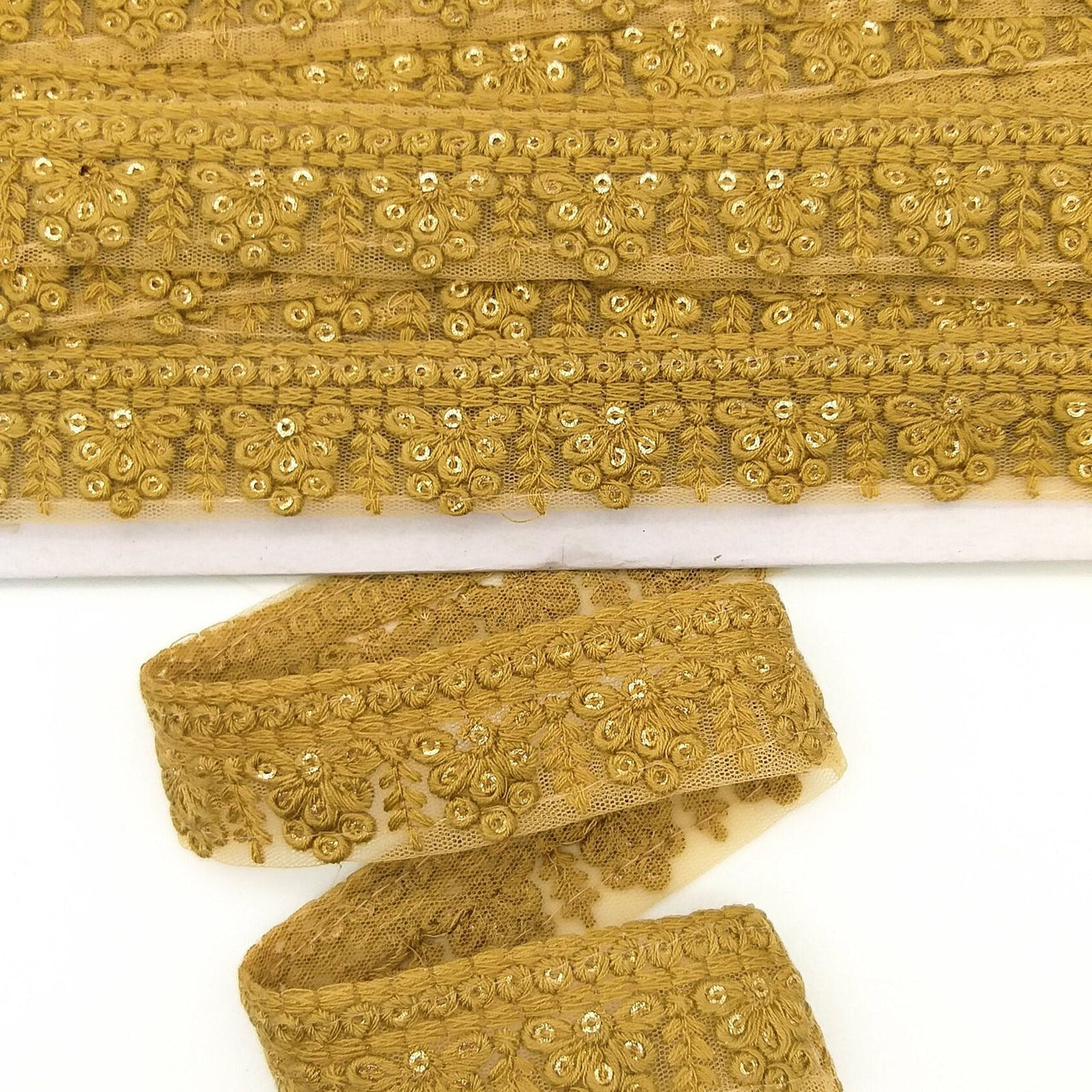 Brown Net Lace Trim With Floral Embroidery And Gold Sequins, Sequinned Trim, Wedding Trim Bridal Trim