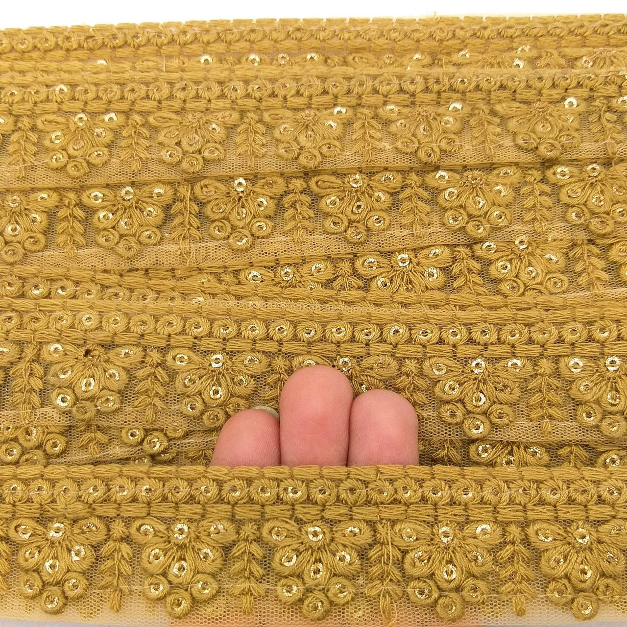 Brown Net Lace Trim With Floral Embroidery And Gold Sequins, Sequinned Trim, Wedding Trim Bridal Trim