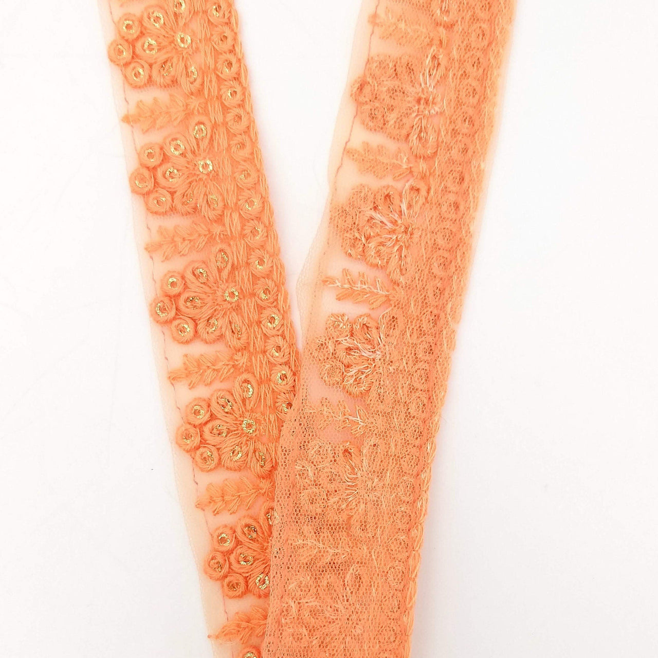 Orange Net Lace Trim With Floral Embroidery And Gold Sequins, Sequinned Trim, Wedding Trim Bridal Trim