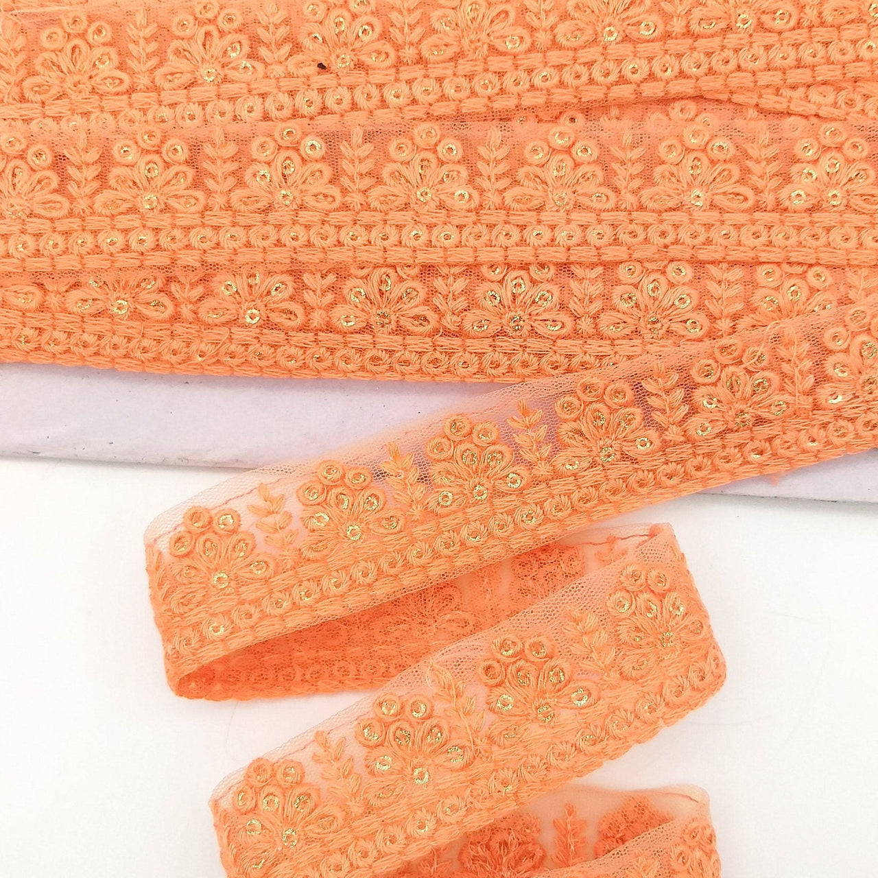 Orange Net Lace Trim With Floral Embroidery And Gold Sequins, Sequinned Trim, Wedding Trim Bridal Trim