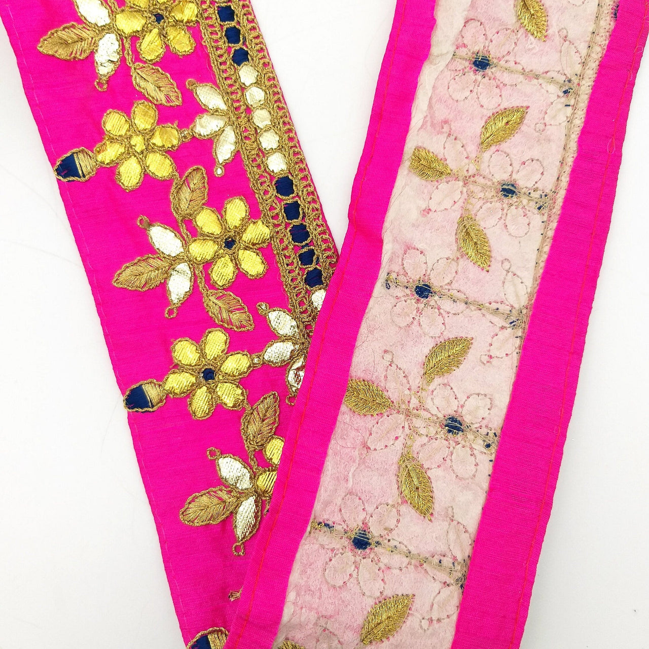 Fuchsia Pink Art Silk Fabric Trim, Blue & Gold Floral Embroidery Gota Patti Indian Sari Border Trim By Yard Decorative Trim Craft Lace
