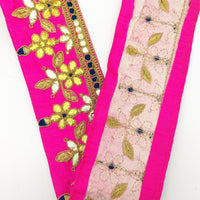 Thumbnail for Fuchsia Pink Art Silk Fabric Trim, Blue & Gold Floral Embroidery Gota Patti Indian Sari Border Trim By Yard Decorative Trim Craft Lace
