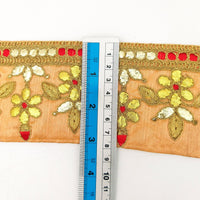 Thumbnail for Orange Art Silk Fabric Trim, Red & Gold Floral Embroidery Gota Patti Indian Sari Border Trim By Yard Decorative Trim Craft Lace