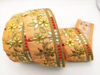 Thumbnail for Orange Art Silk Fabric Trim, Red & Gold Floral Embroidery Gota Patti Indian Sari Border Trim By Yard Decorative Trim Craft Lace