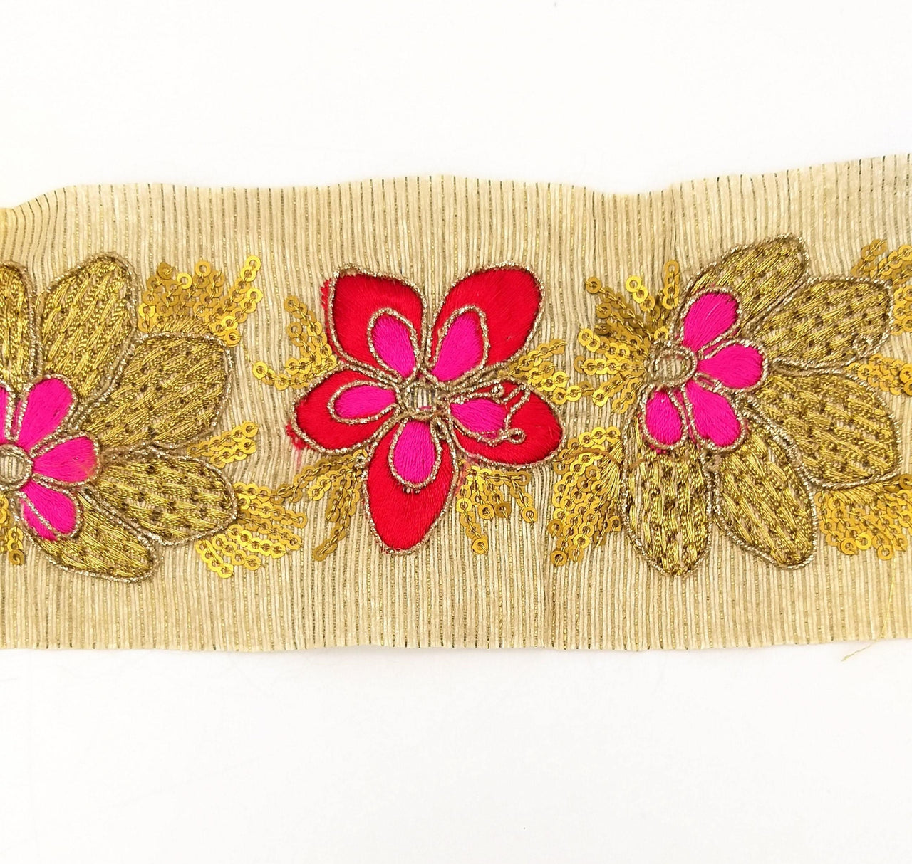 Beige Silk Fabric Trim, Red, Pink & Gold Floral Embroidery Indian Sari Border Trim By Yard Decorative Trim Craft Lace