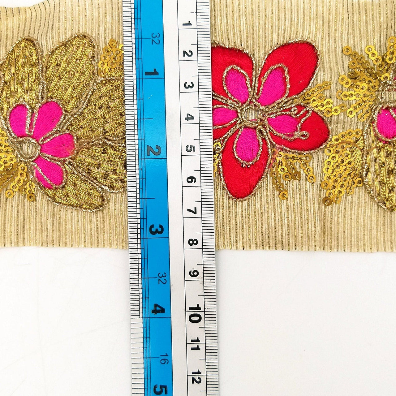 Beige Silk Fabric Trim, Red, Pink & Gold Floral Embroidery Indian Sari Border Trim By Yard Decorative Trim Craft Lace
