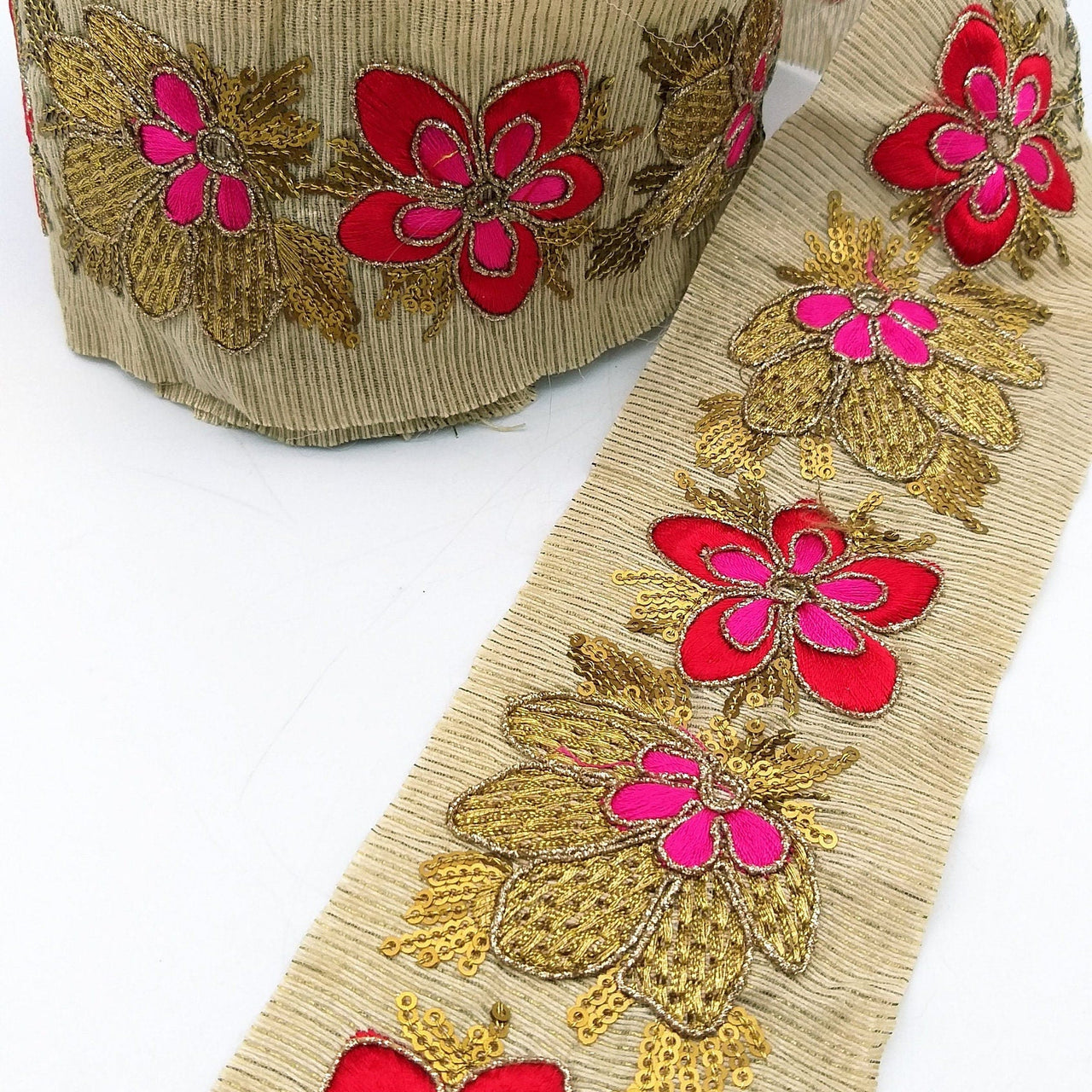Beige Silk Fabric Trim, Red, Pink & Gold Floral Embroidery Indian Sari Border Trim By Yard Decorative Trim Craft Lace