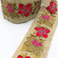 Thumbnail for Beige Silk Fabric Trim, Red, Pink & Gold Floral Embroidery Indian Sari Border Trim By Yard Decorative Trim Craft Lace