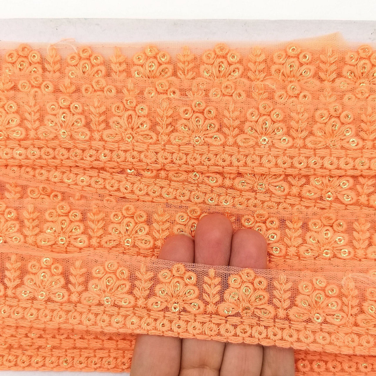 Orange Net Lace Trim With Floral Embroidery And Gold Sequins, Sequinned Trim, Wedding Trim Bridal Trim