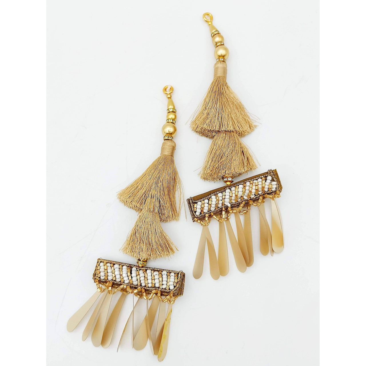Gold Tassels With Long Gold Sequins And White and Gold Seed Pearl Beads, Beaded Thread Tassel Charms, 2 Pcs