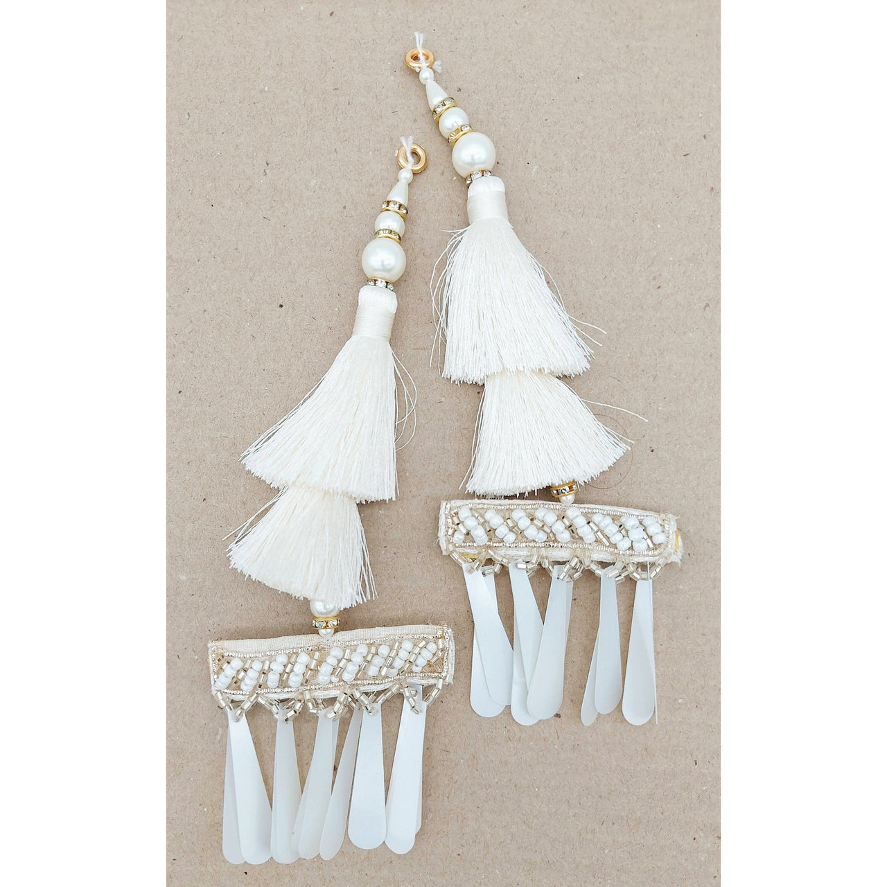 White Tassels With Long White Sequins And White and Gold Seed Pearl Beads, Beaded Thread Tassel Charms, 2 Pcs