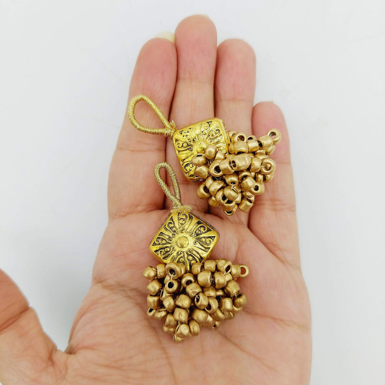 Gold Engraved Diamond Charm With Flatback, Beaded Tassels Latkan, Indian Latkans