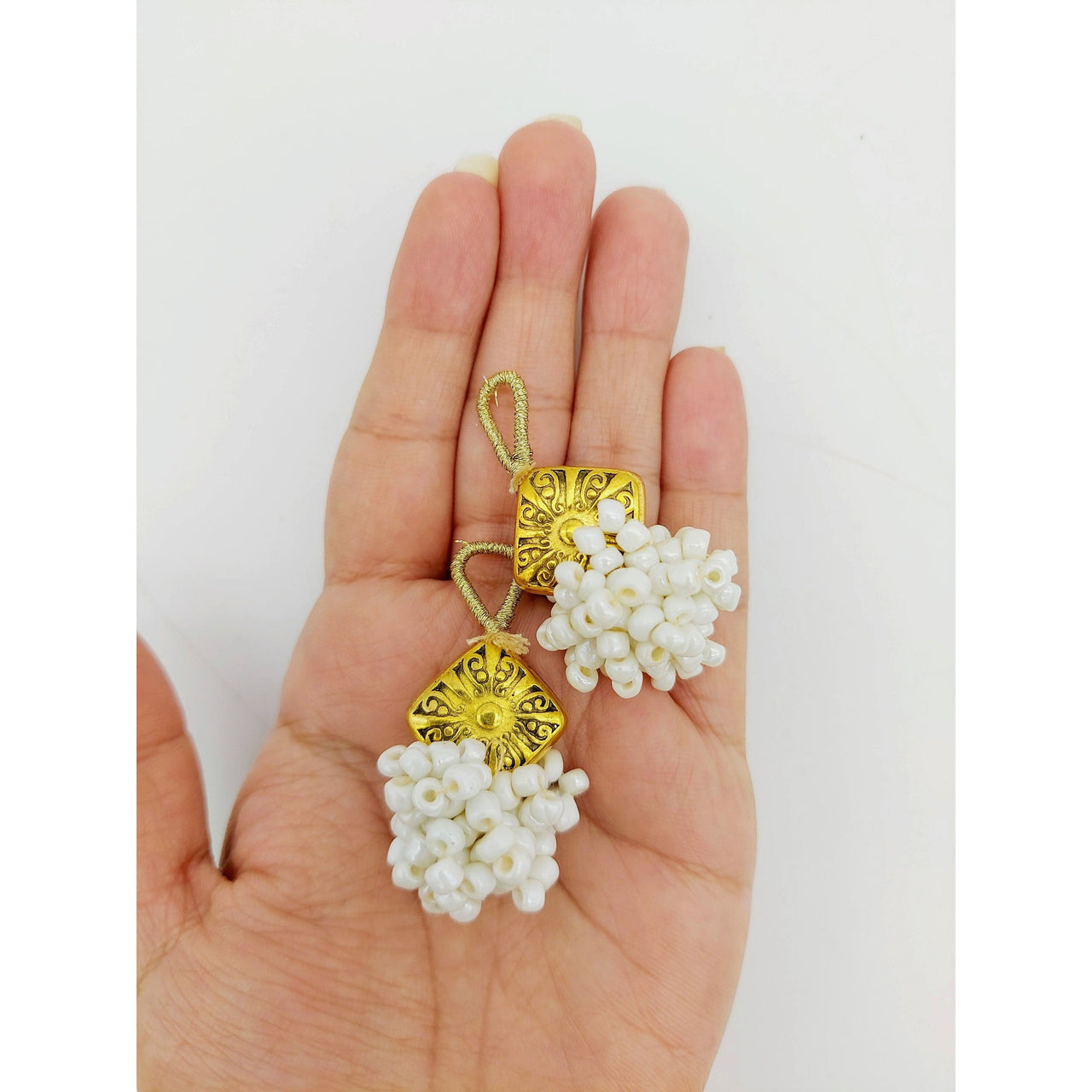 Gold Engraved Diamond Charm With Flatback Off White Beaded Tassels Latkan, Indian Latkans, Gold And Off White Beaded Danglers
