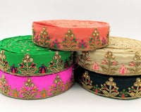 Thumbnail for Fuchsia Pink Art Silk Trim In Orange And Gold Embroidery, Approx. 35mm wide, Decorative Trim