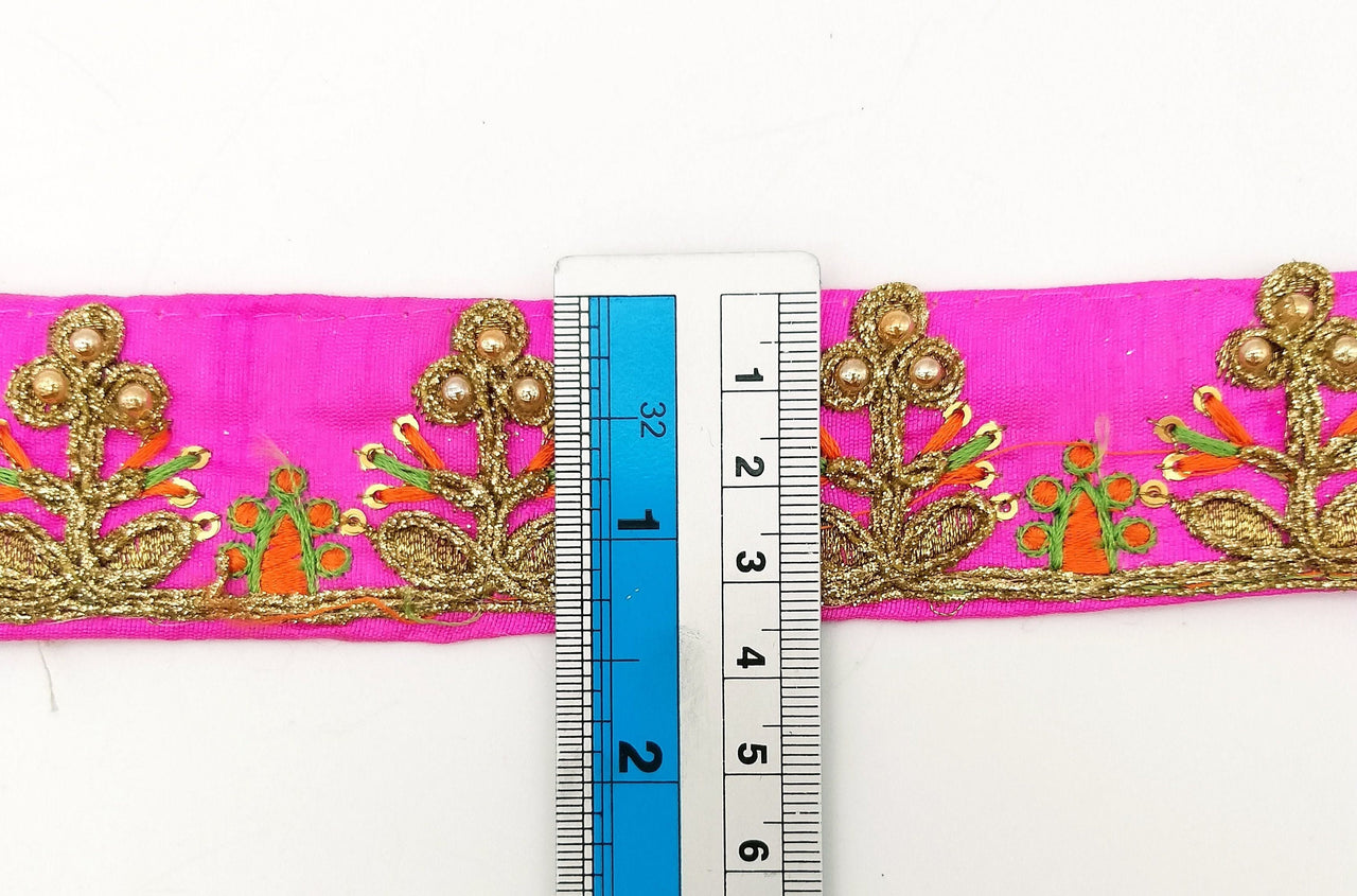 Fuchsia Pink Art Silk Trim In Orange And Gold Embroidery, Approx. 35mm wide, Decorative Trim