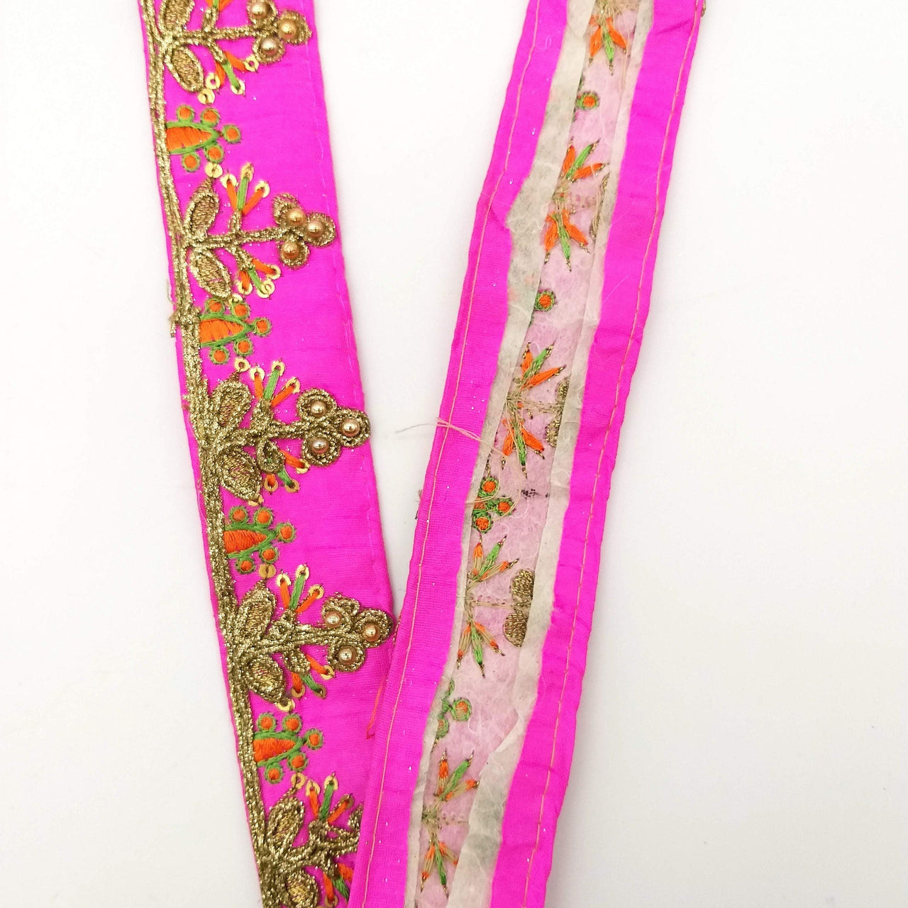 Fuchsia Pink Art Silk Trim In Orange And Gold Embroidery, Approx. 35mm wide, Decorative Trim