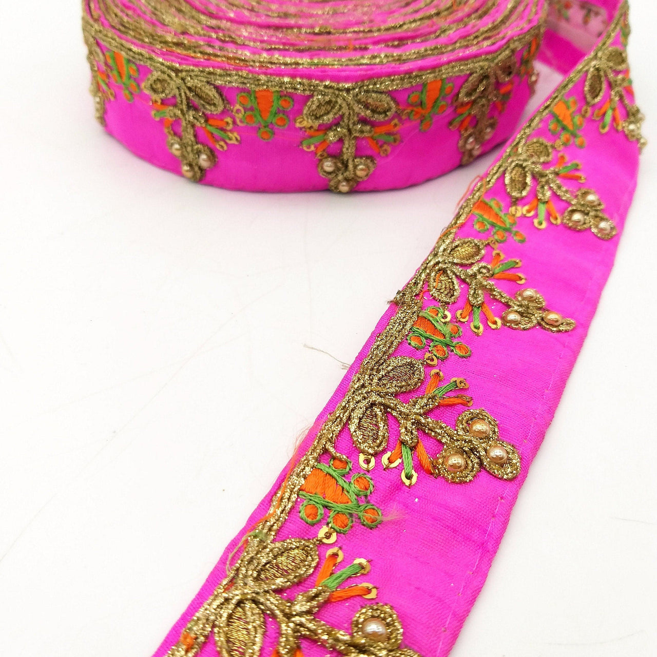 Fuchsia Pink Art Silk Trim In Orange And Gold Embroidery, Approx. 35mm wide, Decorative Trim