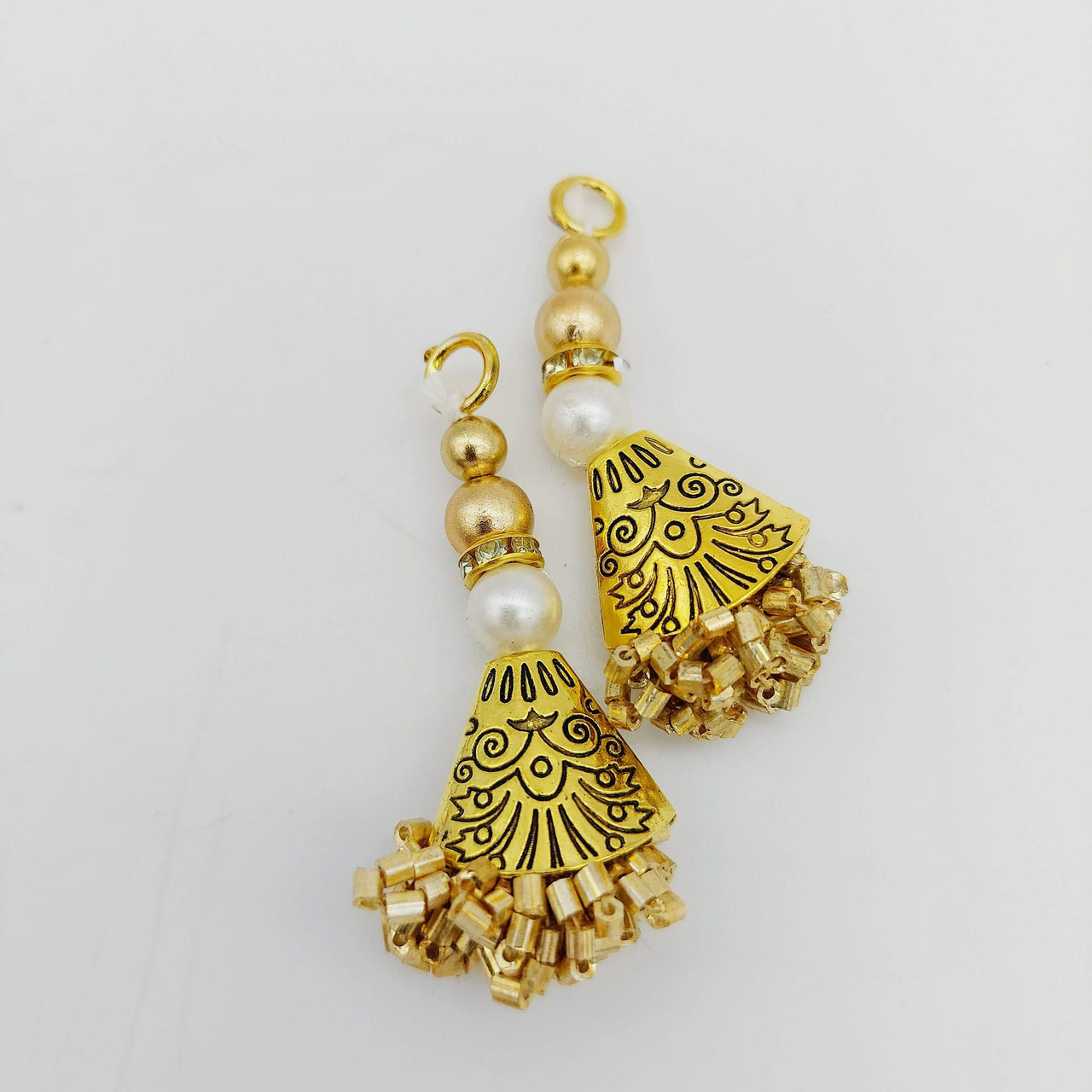 Gold Engraved Flatback Charm Latkan With Beaded Tassels And Pearl Embellishments, Indian Latkans, Gold Beaded Danglers