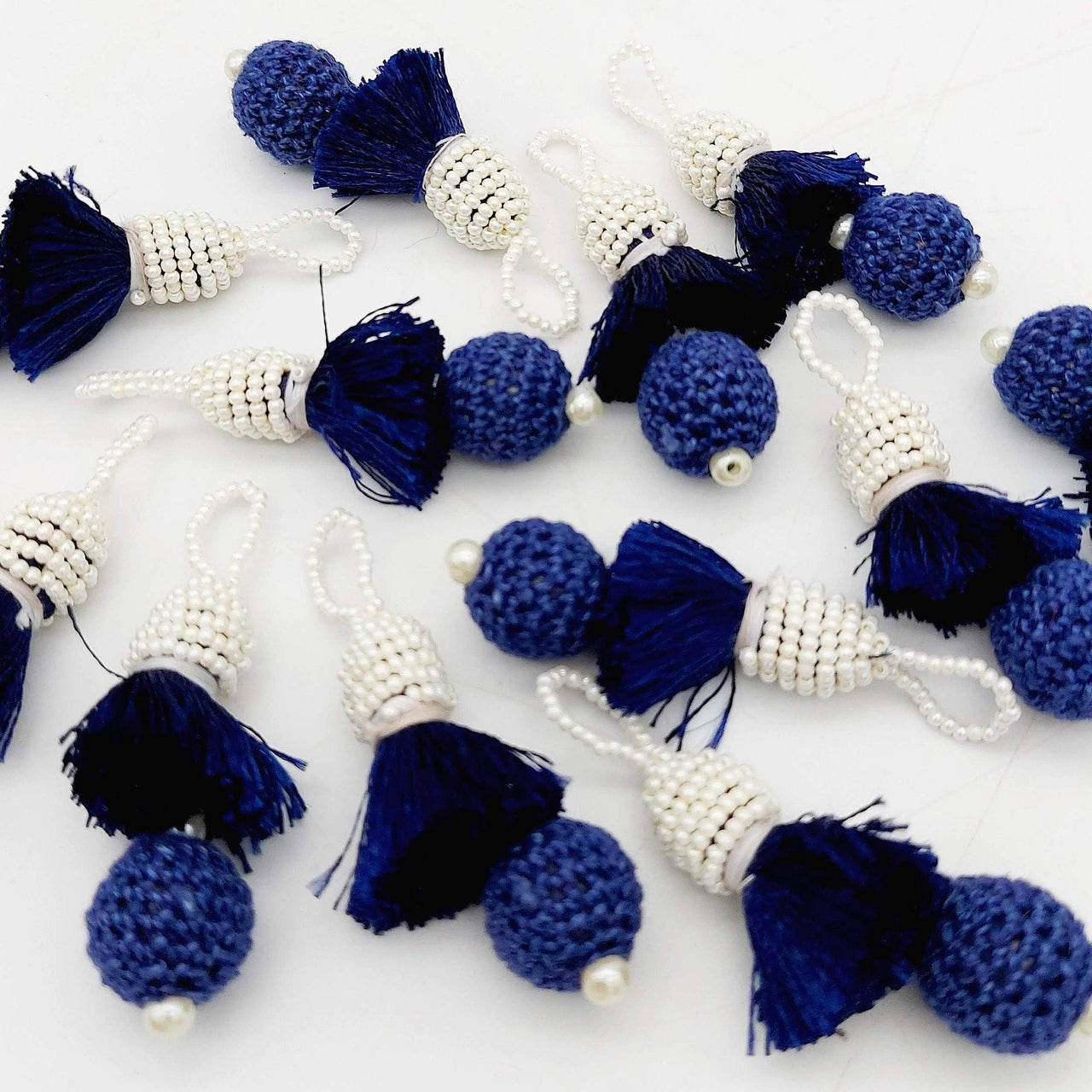 Navy Blue Crochet Ball Tassels With White Pearls Beads, Tassel Charms, Nylon Tassels x 2