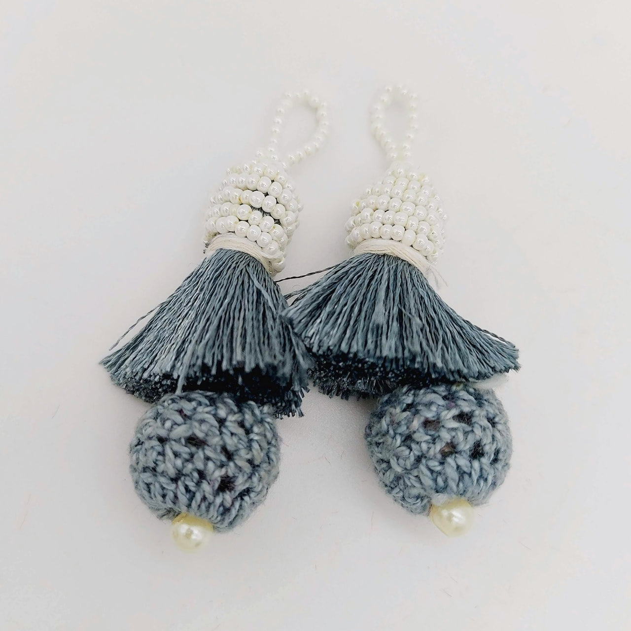 Grey Crochet Ball Tassels With White Pearls Beads, Tassel Charms, Nylon Tassels x 2