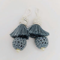 Thumbnail for Grey Crochet Ball Tassels With White Pearls Beads, Tassel Charms, Nylon Tassels x 2
