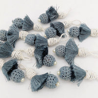 Thumbnail for Grey Crochet Ball Tassels With White Pearls Beads, Tassel Charms, Nylon Tassels x 2