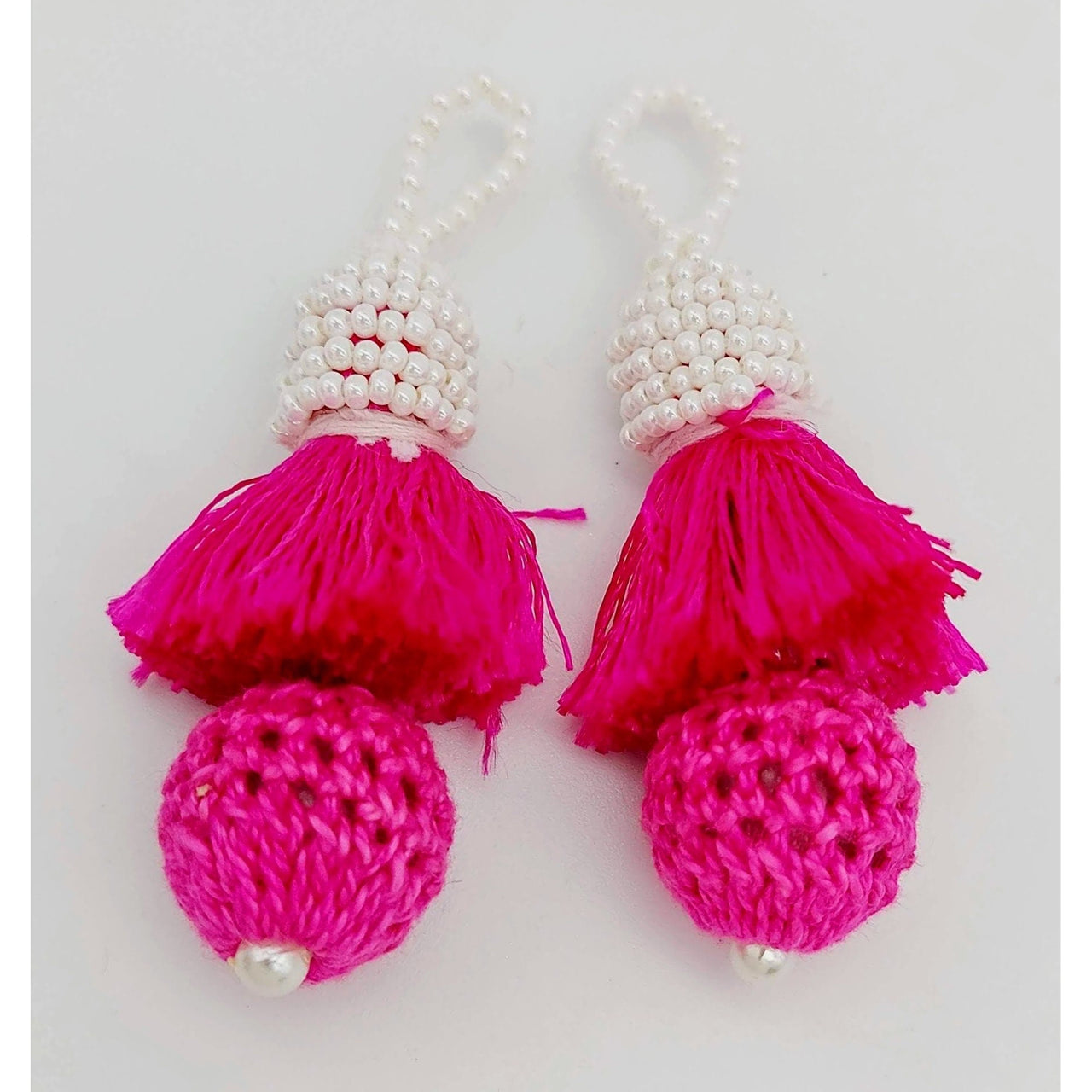 Fuchsia Pink Crochet Ball Tassels With White Pearls Beads, Tassel Charms, Nylon Tassels x 2