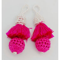 Thumbnail for Fuchsia Pink Crochet Ball Tassels With White Pearls Beads, Tassel Charms, Nylon Tassels x 2