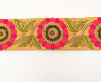Thumbnail for Orange Art Silk Lace Trim, Floral Embroidery in Green, Salmon and Fuchsia