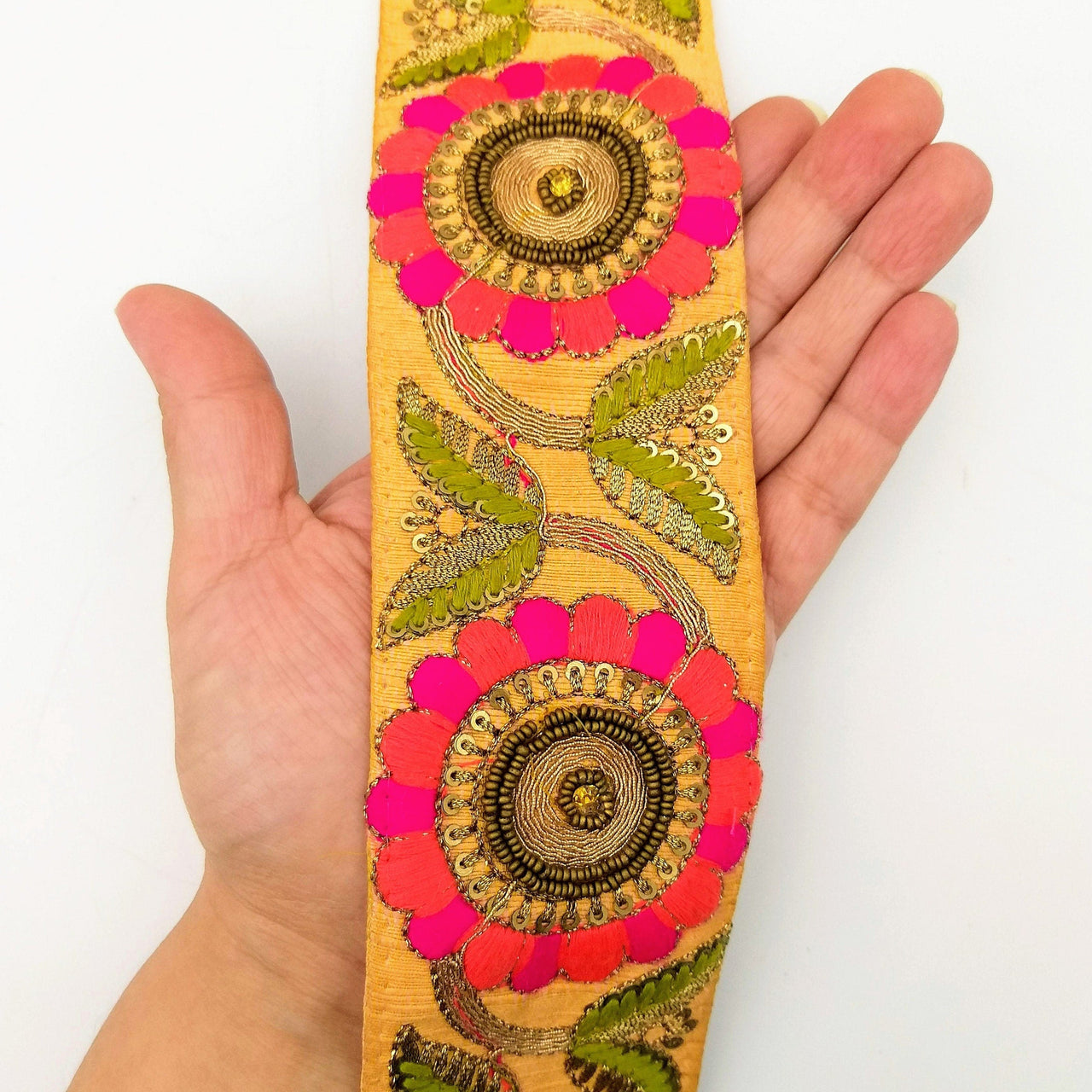 Orange Art Silk Lace Trim, Floral Embroidery in Green, Salmon and Fuchsia