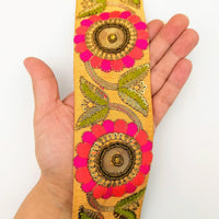 Thumbnail for Orange Art Silk Lace Trim, Floral Embroidery in Green, Salmon and Fuchsia