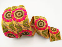 Thumbnail for Orange Art Silk Lace Trim, Floral Embroidery in Green, Salmon and Fuchsia