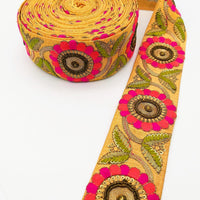 Thumbnail for Orange Art Silk Lace Trim, Floral Embroidery in Green, Salmon and Fuchsia