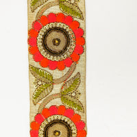 Thumbnail for Beige Art Silk Lace Trim, Floral Embroidery in Green, Pink and Orange
