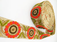 Thumbnail for Beige Art Silk Lace Trim, Floral Embroidery in Green, Pink and Orange