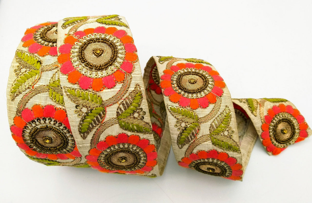 Beige Art Silk Lace Trim, Floral Embroidery in Green, Pink and Orange