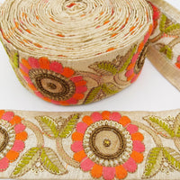 Thumbnail for Beige Art Silk Lace Trim, Floral Embroidery in Green, Pink and Orange