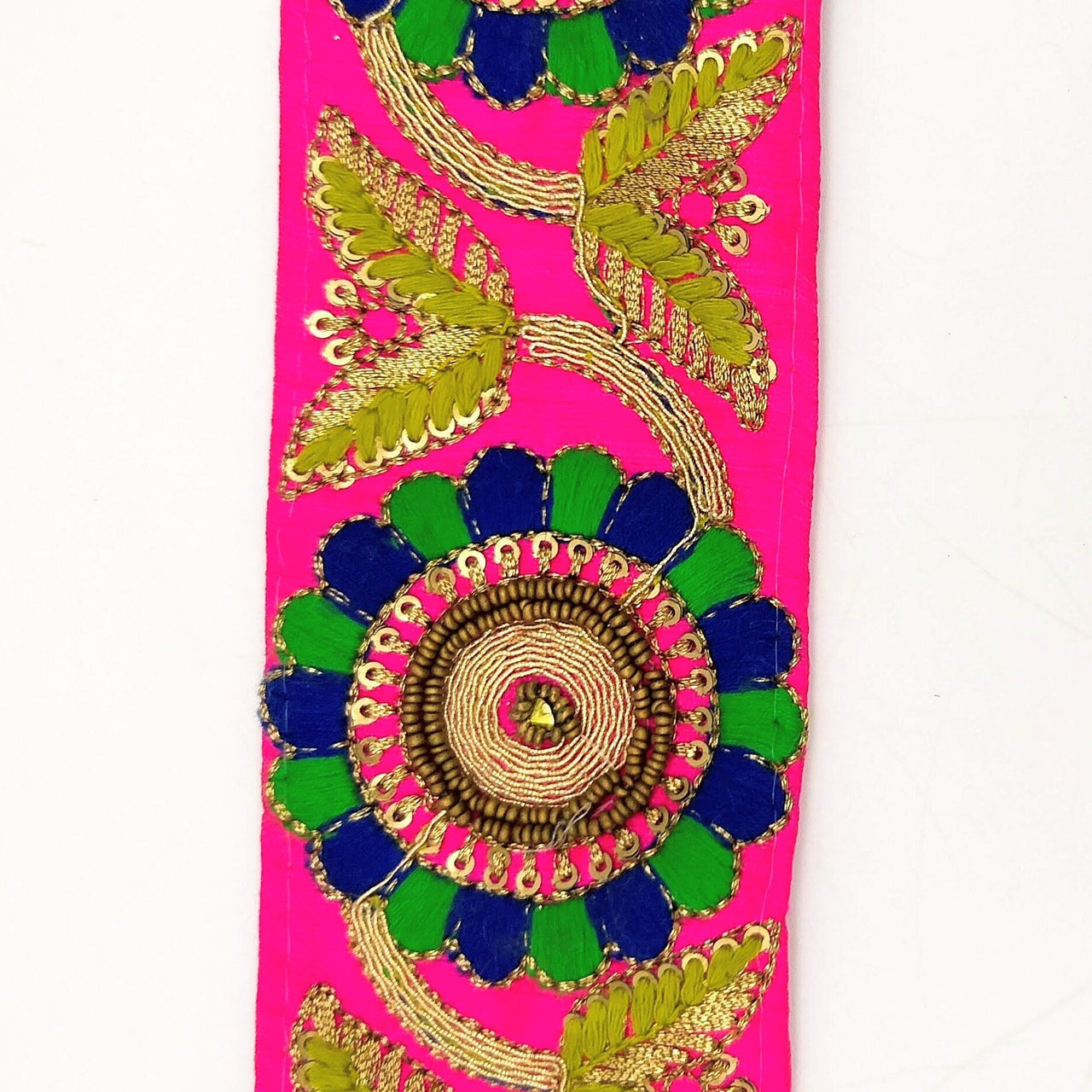 Fuchsia Art Silk Lace Trim, Floral Embroidery in Green and Blue, Hand Embroidered Border with Antique Gold beads and Gold Sequins