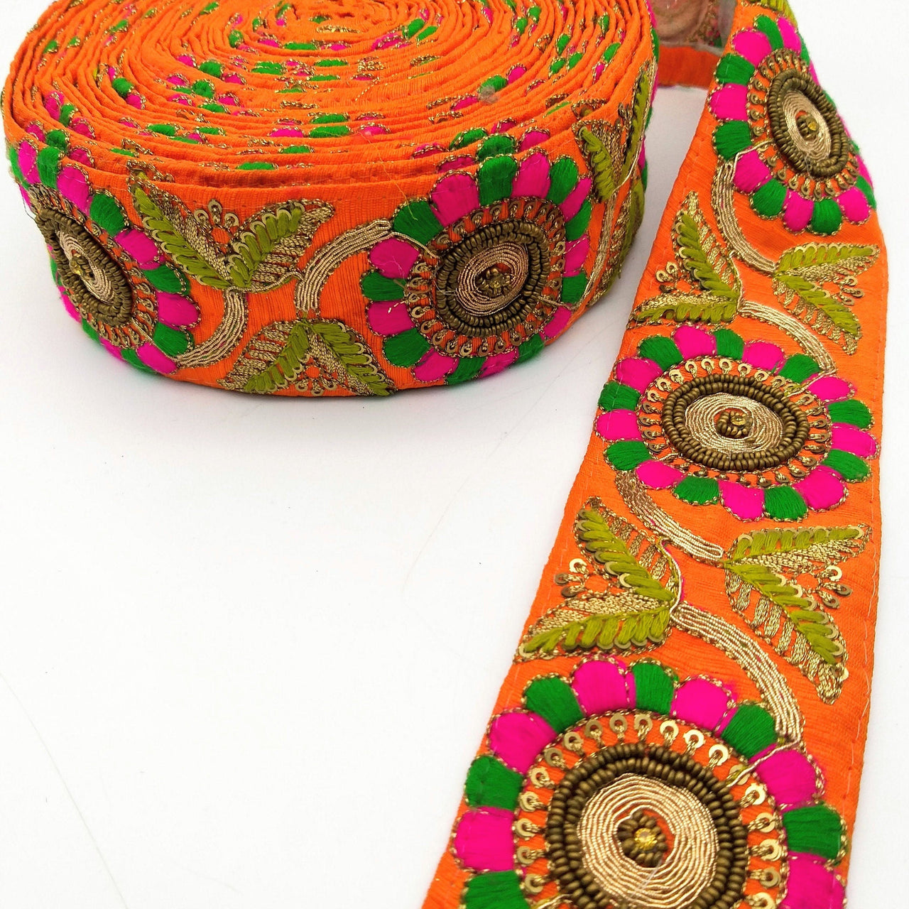 Orange Art Silk Lace Trim, Floral Embroidery in Green and Fuchsia, Hand Embroidered Border with Antique Gold beads and Gold Sequins