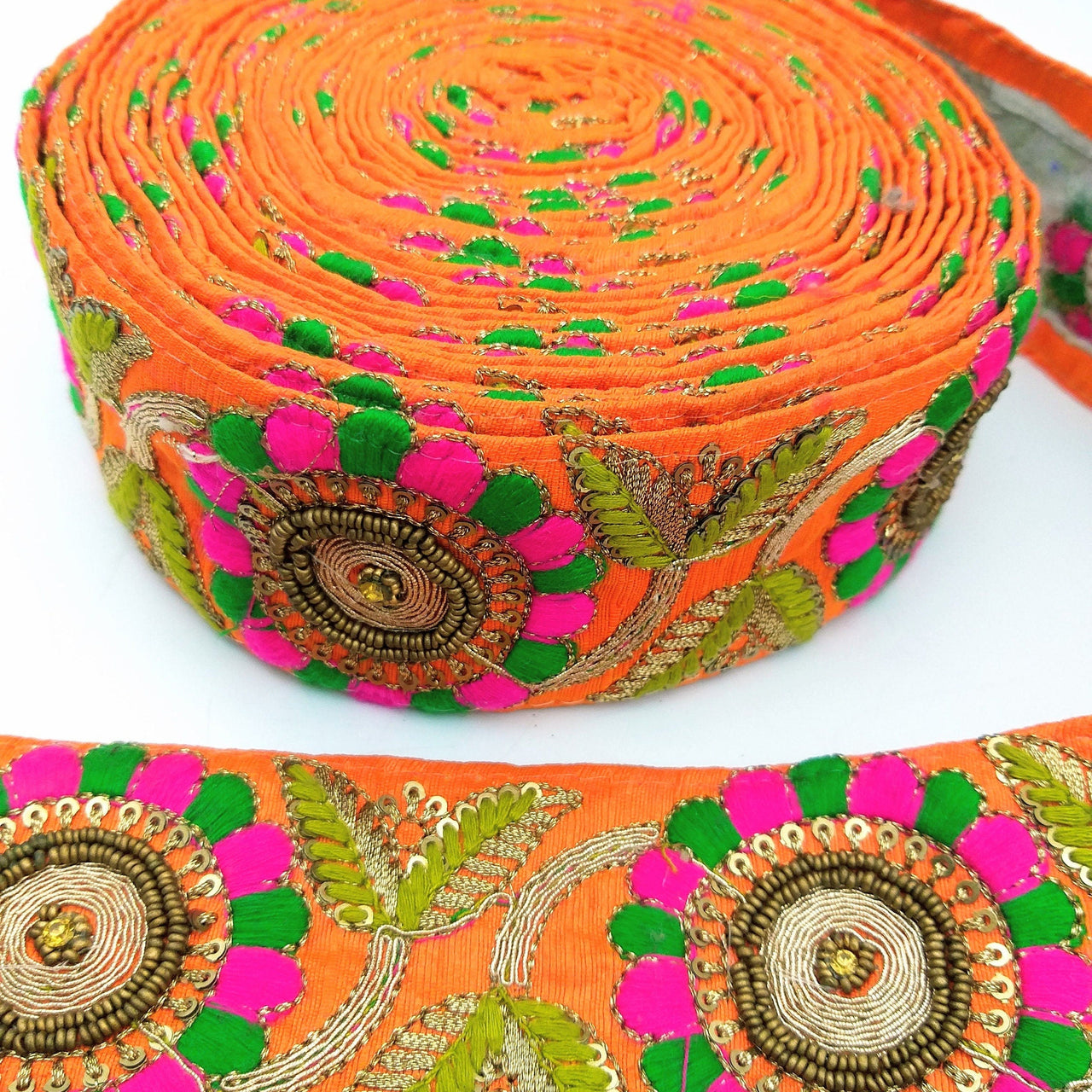 Orange Art Silk Lace Trim, Floral Embroidery in Green and Fuchsia, Hand Embroidered Border with Antique Gold beads and Gold Sequins