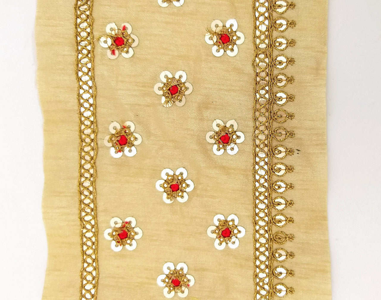 Beige Silk Trim In Red and Gold Sequins Floral Embroidery, Indian Sari Border Trim By Yard Decorative Trim Craft Lace