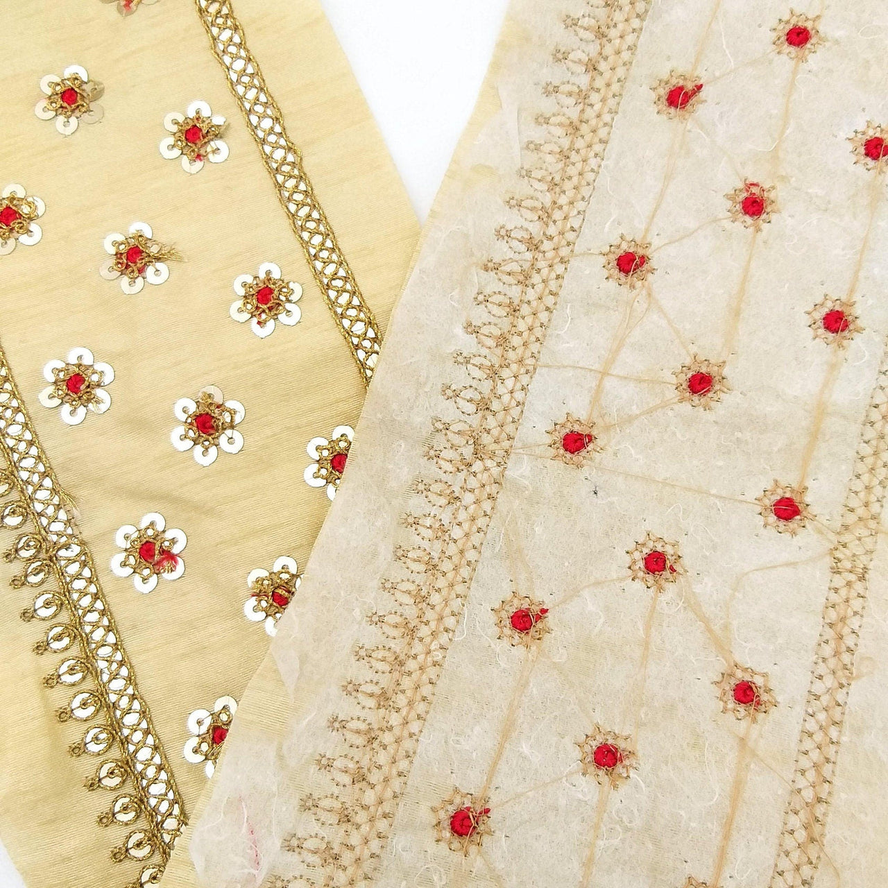 Beige Silk Trim In Red and Gold Sequins Floral Embroidery, Indian Sari Border Trim By Yard Decorative Trim Craft Lace
