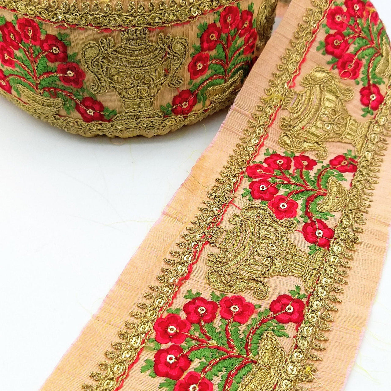 Peach Silk Trim With Floral Embroidery in Red, Green & Antique Gold, Indian Sari Border Trim By Yard Decorative Trim Craft Lace