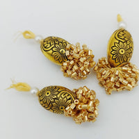 Thumbnail for Gold Engraved Flatback Charm Bead, Beaded Tassels Latkan, Indian Latkans