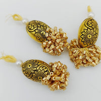 Thumbnail for Gold Engraved Flatback Charm Bead, Beaded Tassels Latkan, Indian Latkans
