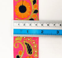 Thumbnail for Pink Art Silk Lace Trim, Floral Embroidery in Orange, Black and Gold