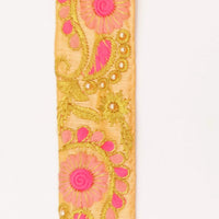 Thumbnail for Peach Art Silk Lace Trim, Floral Embroidery in Pink, Fuchsia and Gold