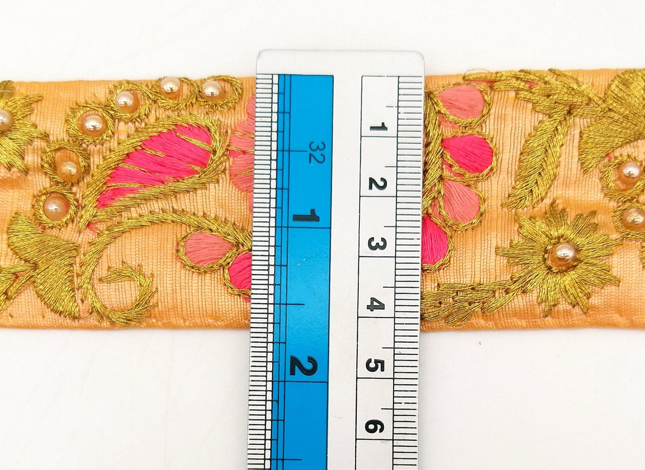 Peach Art Silk Lace Trim, Floral Embroidery in Pink, Fuchsia and Gold