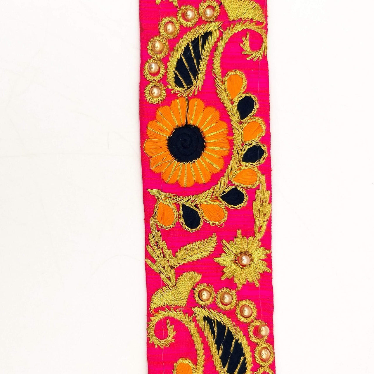 Fuchsia Pink Art Silk Lace Trim, Floral Embroidery in Orange, Black and Gold