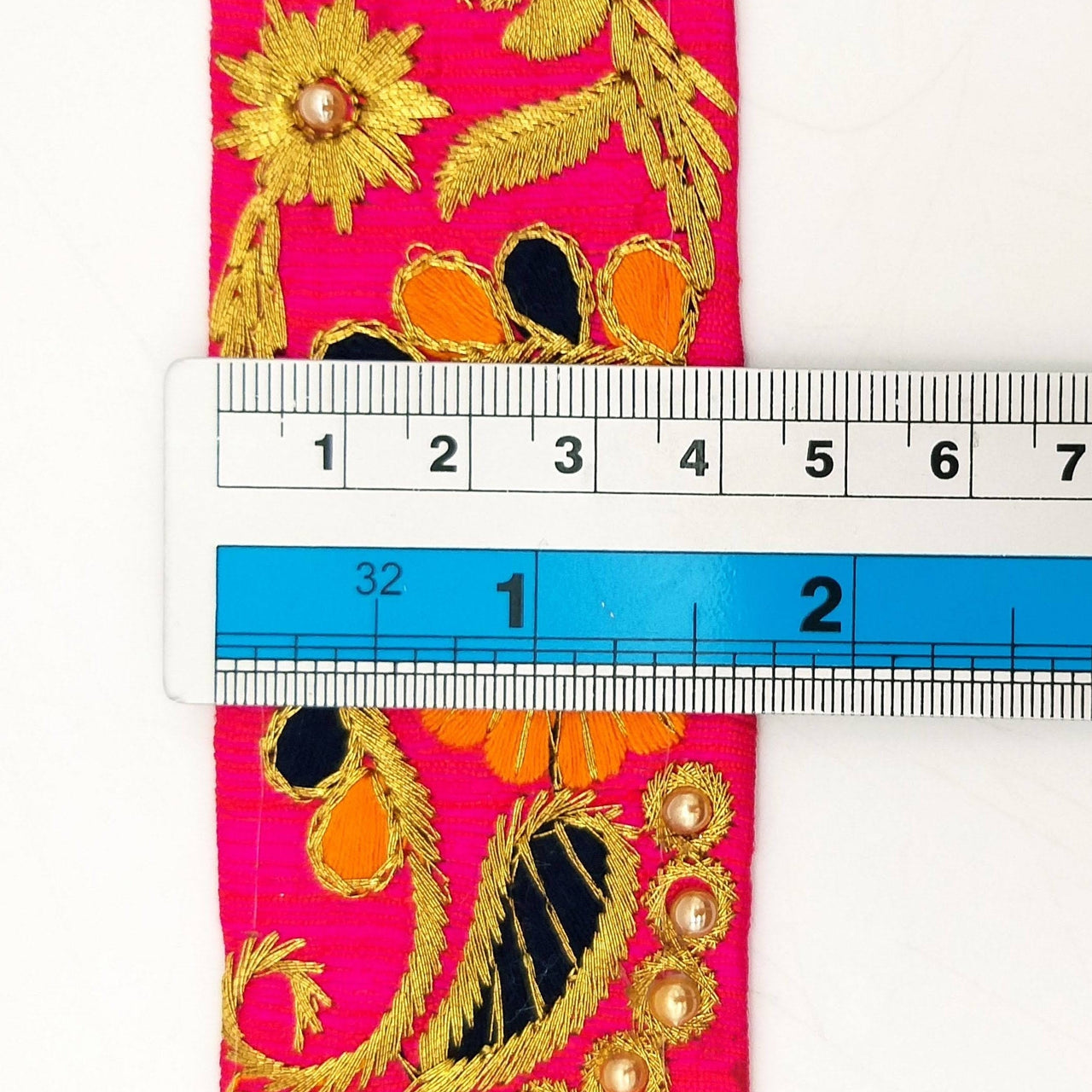 Fuchsia Pink Art Silk Lace Trim, Floral Embroidery in Orange, Black and Gold